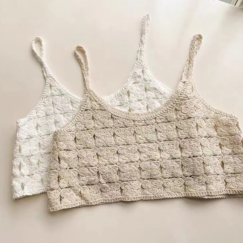 Áo kiểu croptop dệt kim khoét lỗ hai dây mảnh họa tiết kẻ ô hoa phong cách boho đi biển dành cho nữ