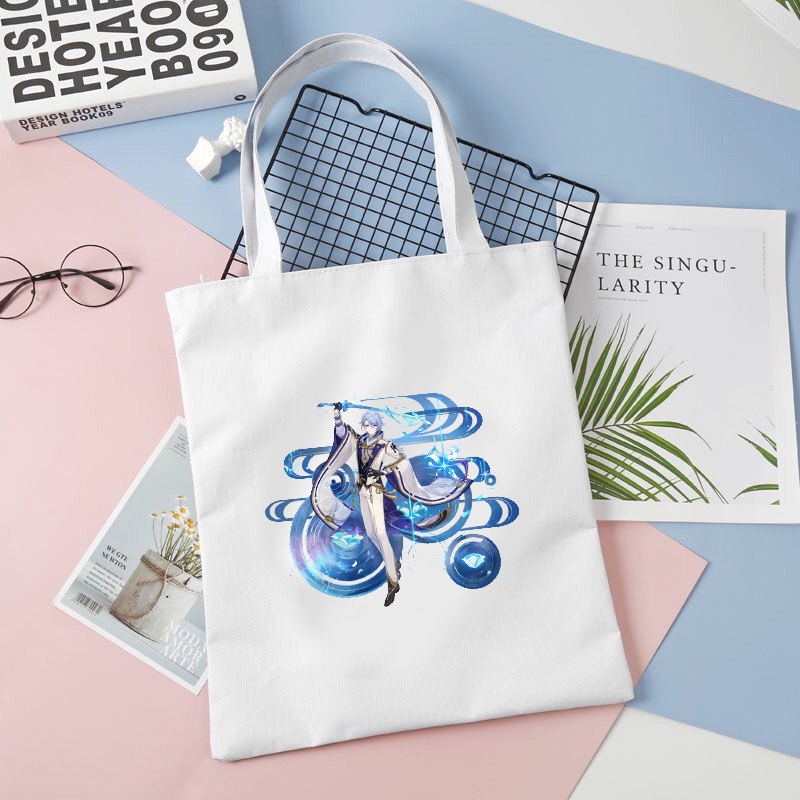 Túi tote vải đen trắng in hình AYATO KAMISATO game GENSHIN IMPACT anime chibi tiện lợi anime chibi thời trang đeo vai