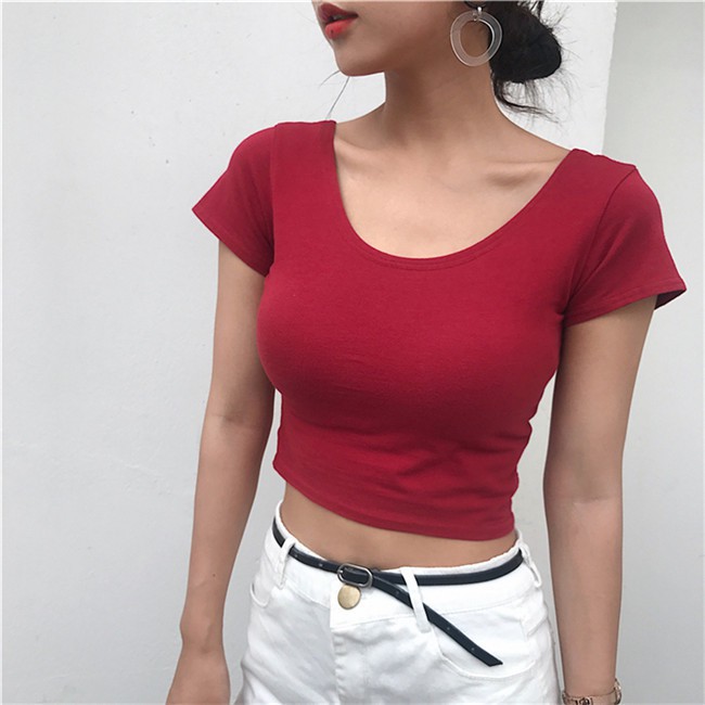 SUXI Áo thun Croptop tay ngắn cổ chữ U