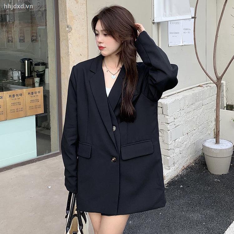 Áo khoác vest dáng dài màu đen thời trang xuân thu cho nữ 2021
