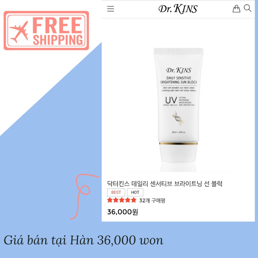 Kem Chống Nắng Tế Bào Gốc Dưỡng Ẩm Chống Nhăn Dr.kins Daily Sensitive Brightening Sun Block 50ml - KOBE YOUNG