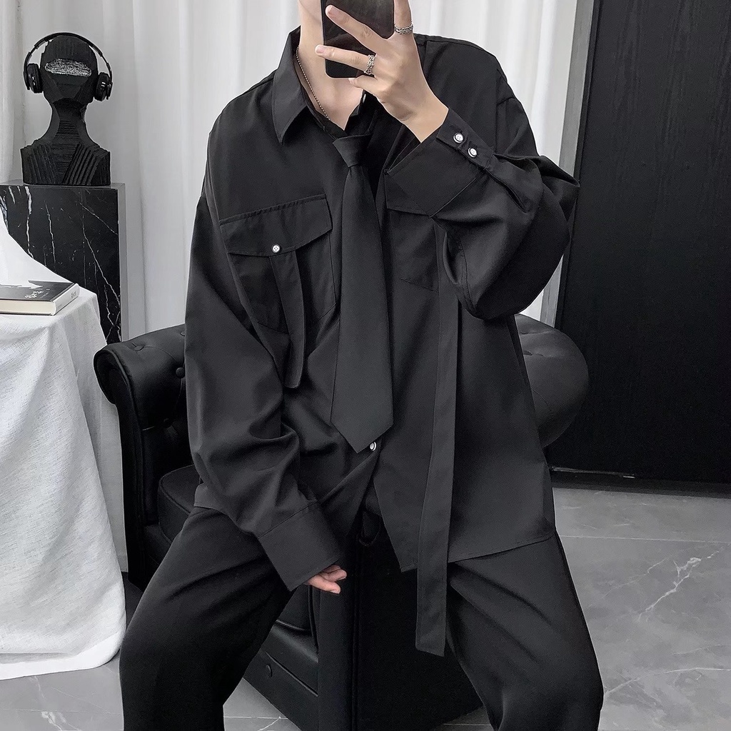 Áo Sơ Mi Tay Dài Dáng Rộng Phối Cà Vạt Thời Trang Xuân Thu Cho Nam Giới Size M-3XL