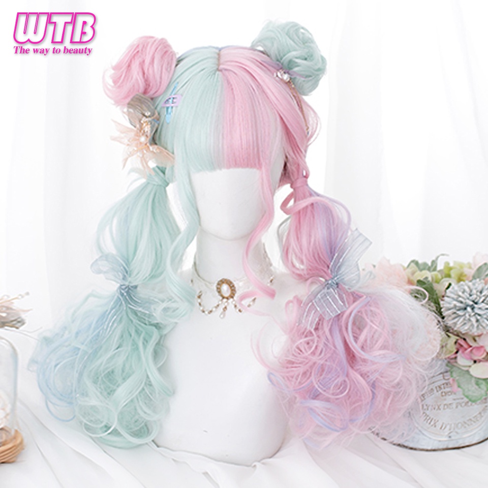Bộ Tóc Giả Dài Xoăn Màu Xanh Lá Nhạt Bằng Sợi Tổng Hợp Phong Cách Lolita Cho Nữ