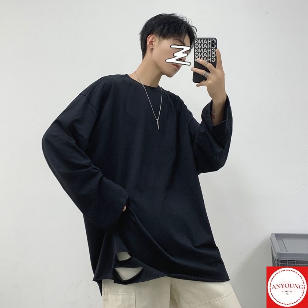 Áo Phông Nam ANYOUNG Áo thun nam dài tay chất cotton dày dặn áo phông form rộng rách gấu áo thời trang unisex