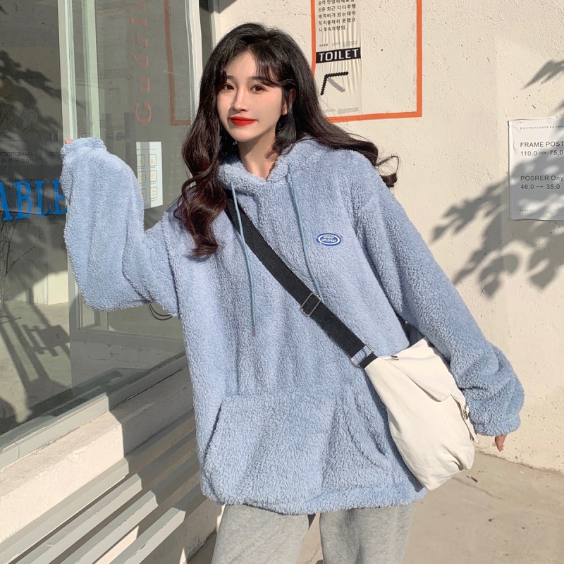 Áo hoodie tay dài dáng rộng vải nhung phong cách thời trang Hàn Quốc dễ phối đồ