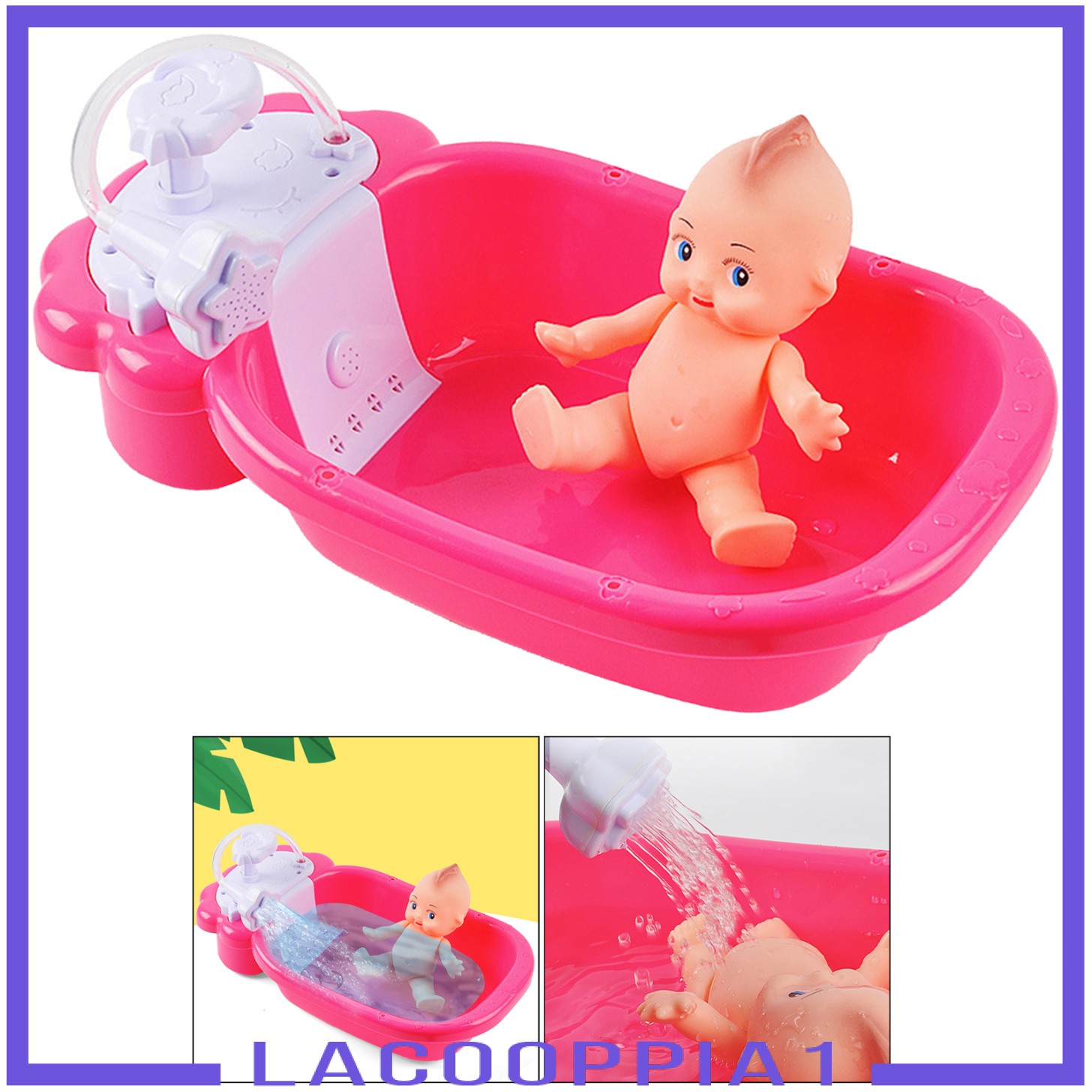 [LACOOPPIA1] Doll Bath Play Tub with Shower Pretend Play Infant Baby Kids Doll Toy Bathtub