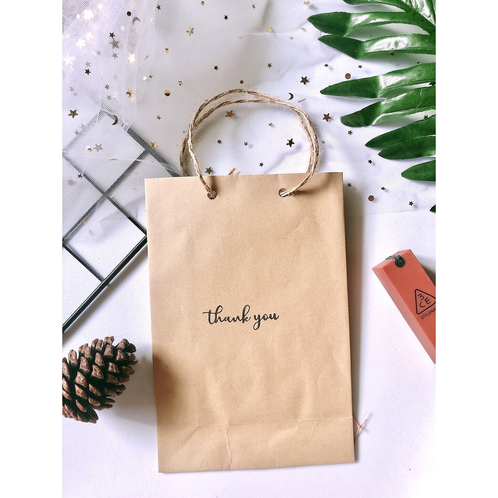 Túi giấy xi măng/kraft vintage giá rẻ có quai chữ Thank you 19 x 12.5 x 6cm
