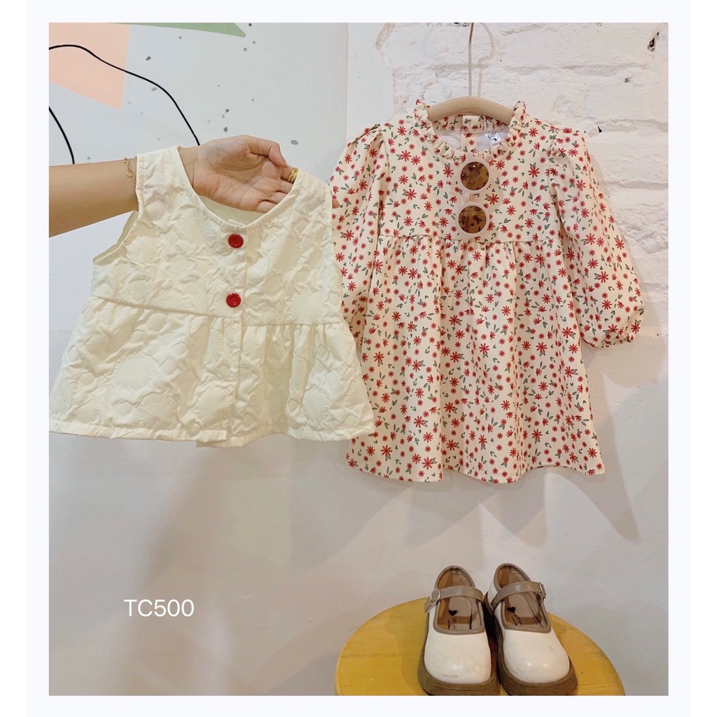 Sét váy thu nhung tăm hoa nhí cao cấp kèm gile xốp vân hoa nổi xịn xò cho bé gái Caibaby_store