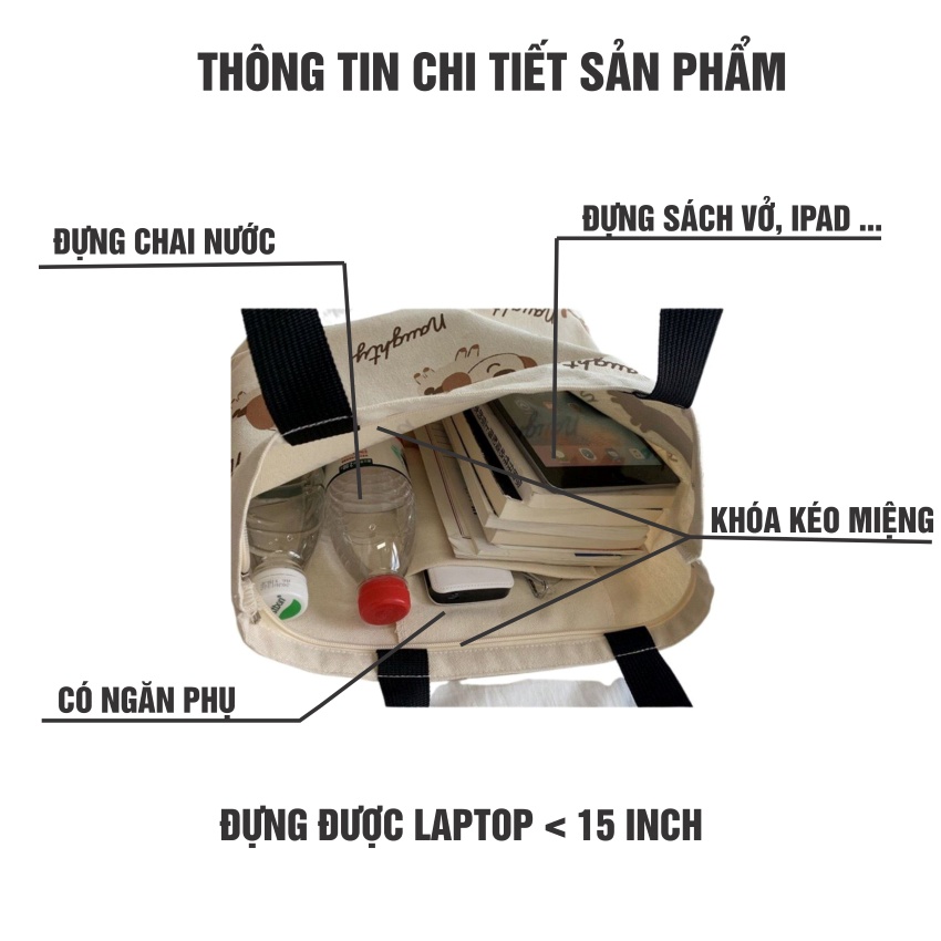 Túi tote , túi vải canvas size A4 in hình cún dễ thương có khóa miệng Hàn Quốc