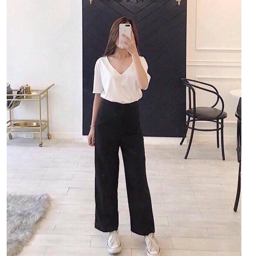 Quần công sở ống rộng dáng suông cạp cao có khóa hông nữ tính, chất liệu tuyết mưa