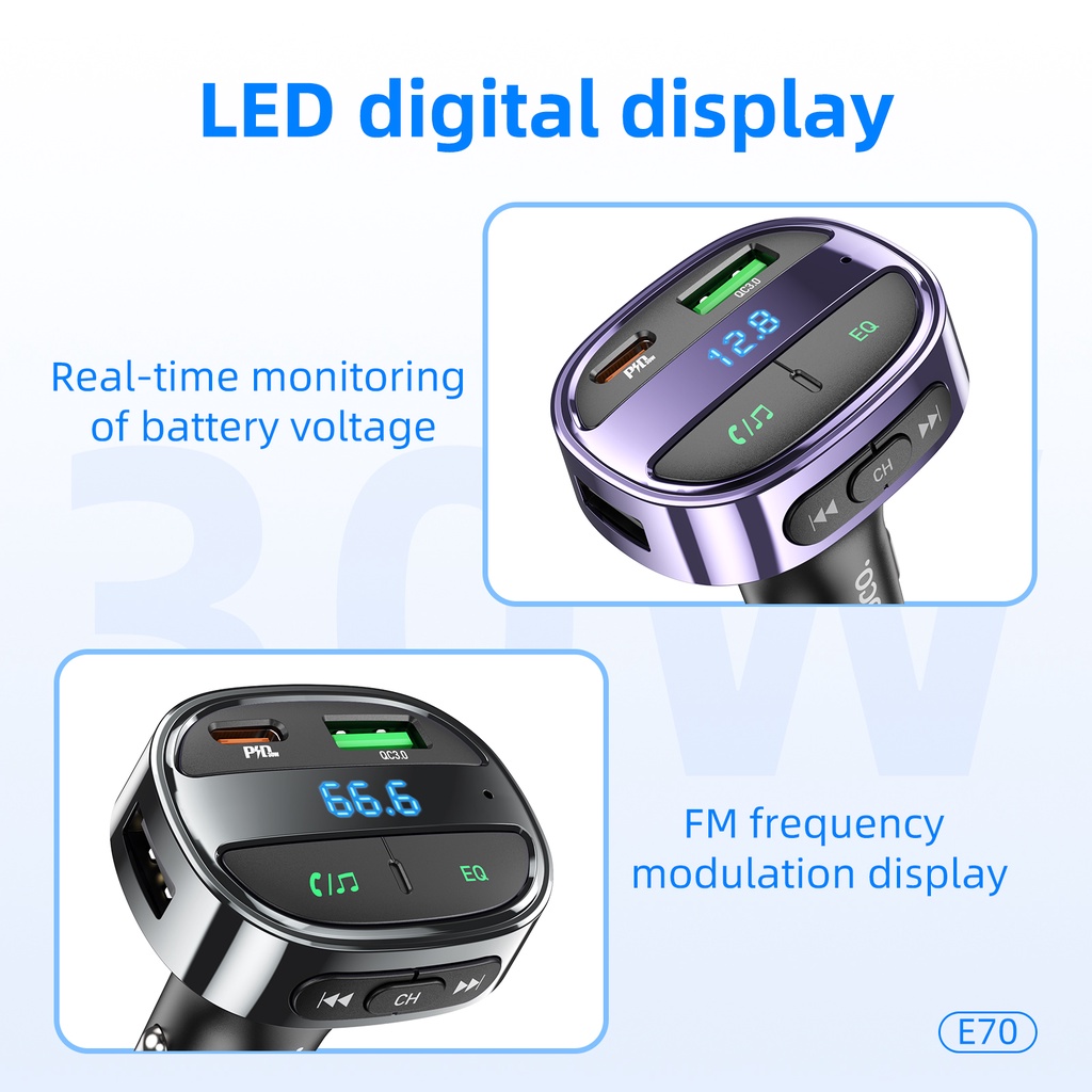 Bộ sạc xe hơi HOCO. E70 Bluetooth 5.0 không dây màn hình LCD QC3.0 PD30W thiết kế hỗ trợ nghe nhạc MP3 thẻ TF U disk AUX