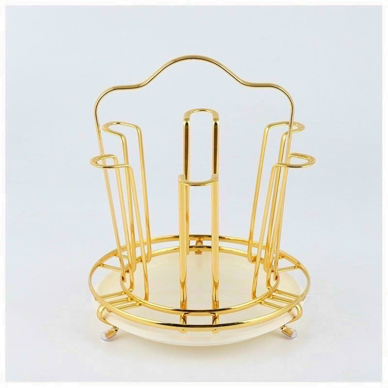 Giá úp cốc 6 ngăn kèm khay hứng nước - giá úp ly mạ vàng cao cấp