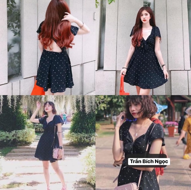 ĐẦM ELIO DRESS - ĐẦM HỞ LƯNG CHẤM BI TRẮNG ĐEN SIÊU XINH