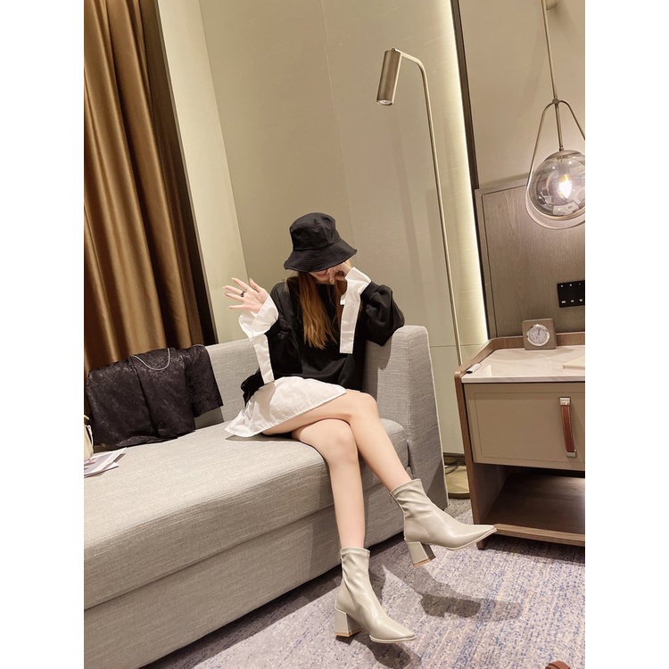 Giày bốt cao gót mũi vuông phối khóa kéo thời trang cho nữ