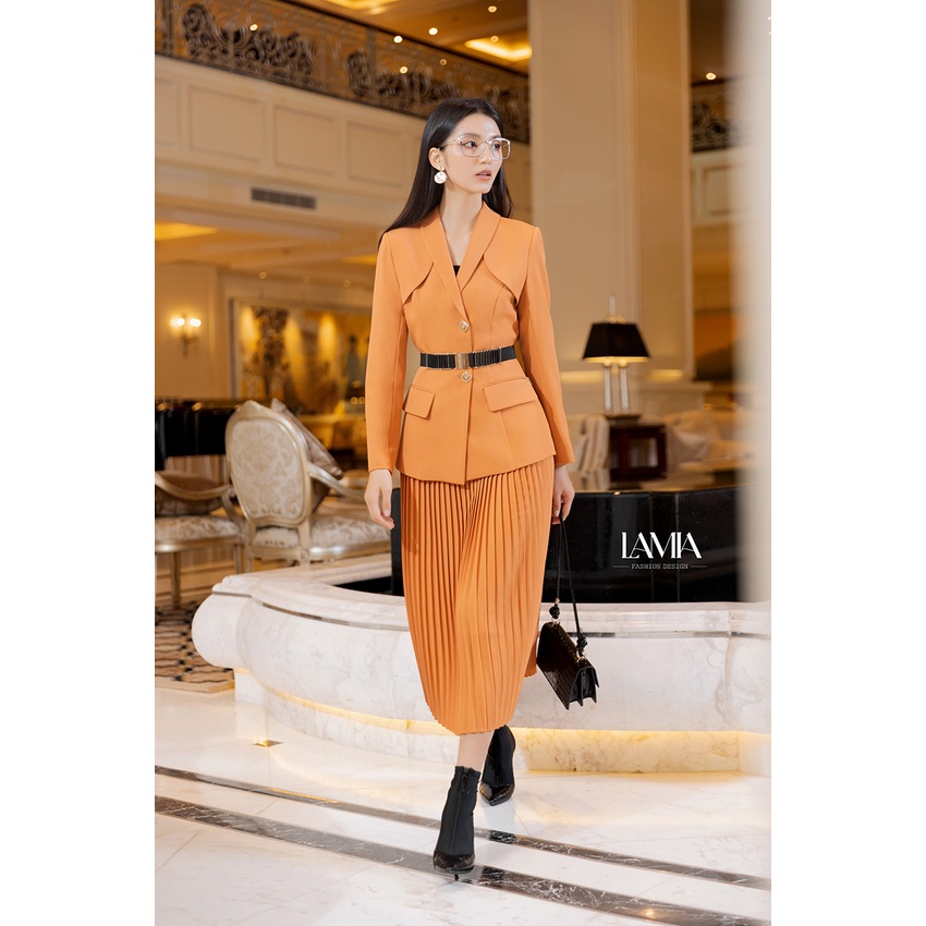 Set vest công sở nữ đẹp Lamia Design LE165 màu cam lucia phối đai váy xếp ly midi hiện đại