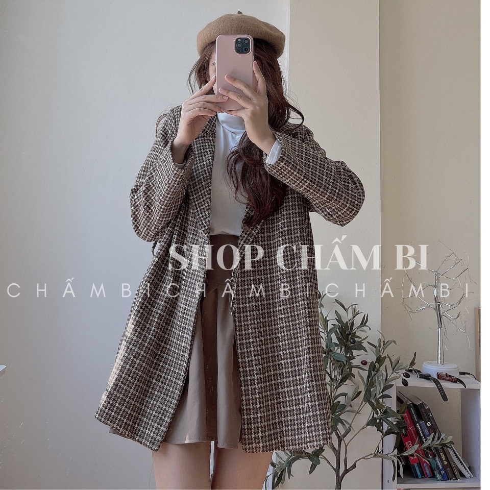 Áo khoác kiểu nữ A.274, Áo khoác dạ kẻ caro cổ vest 2 màu thắt đai eo tiểu thư