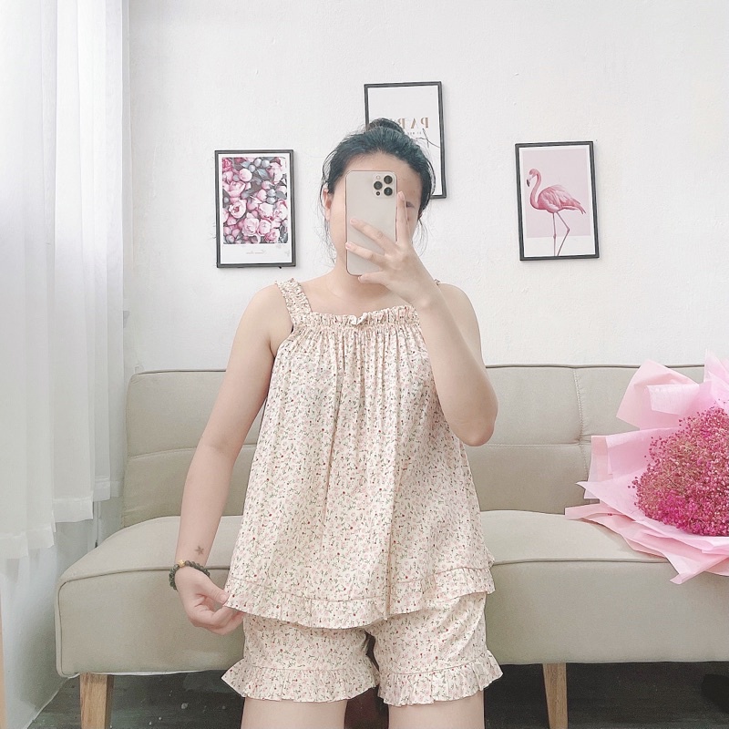 Bộ mặc nhà Pyjama hai dây chất đũi nhắn Hàn Tea Store chất vải mềm họa tiết dễ thương