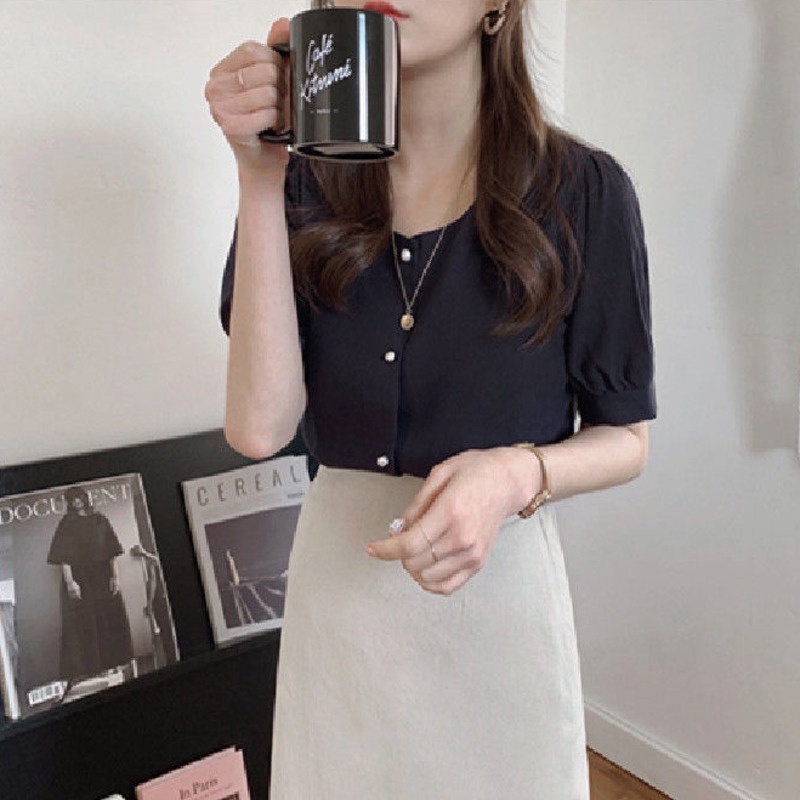 Áo sơ mi RENJIANVSHENG 168521 tay ngắn vải lanh cotton màu trơn cổ vuông dáng rộng đơn giản hợp thời trang