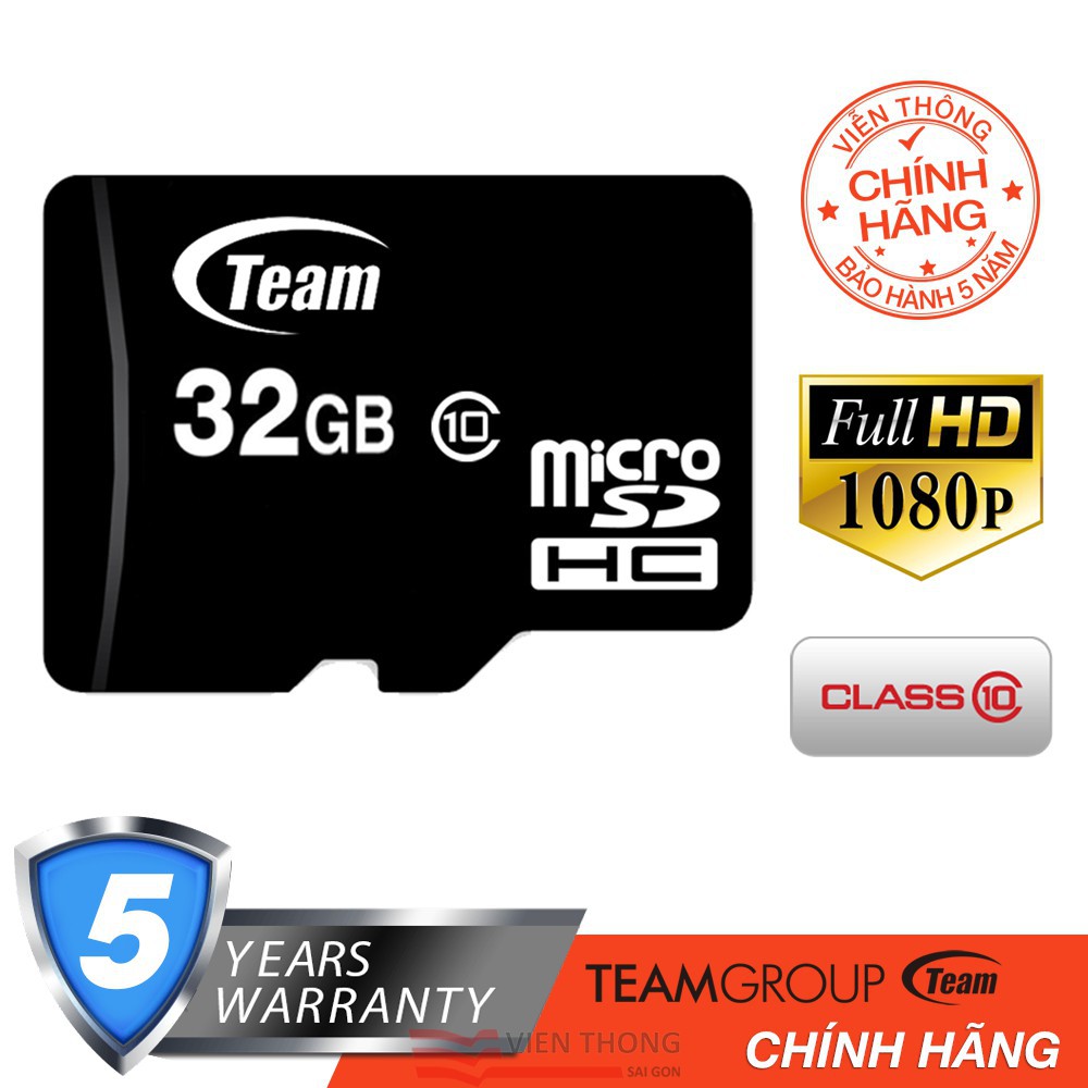 Thẻ nhớ micro SDHC Team 32GB class 10 kèm Adapter (Đen) - Hãng phân phối chính thức