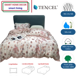 [5 món] Bộ chăn ga gối lụa Tencel 100s, 100%Tencel bộ 4 món Họa tiết báo hồng dễ thương , chất liệu siêu mát mịn