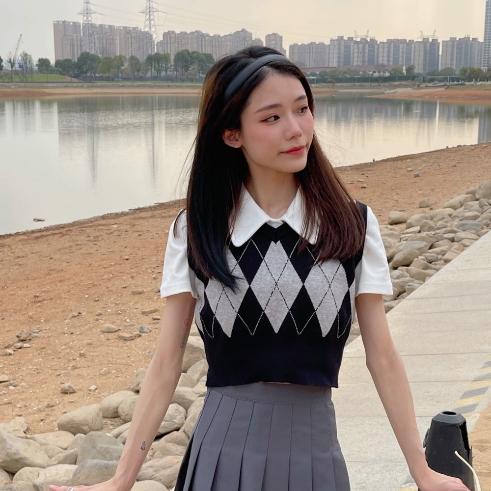 Áo len không tay cổ chữ v họa tiết kim cương thời trang cho nữ