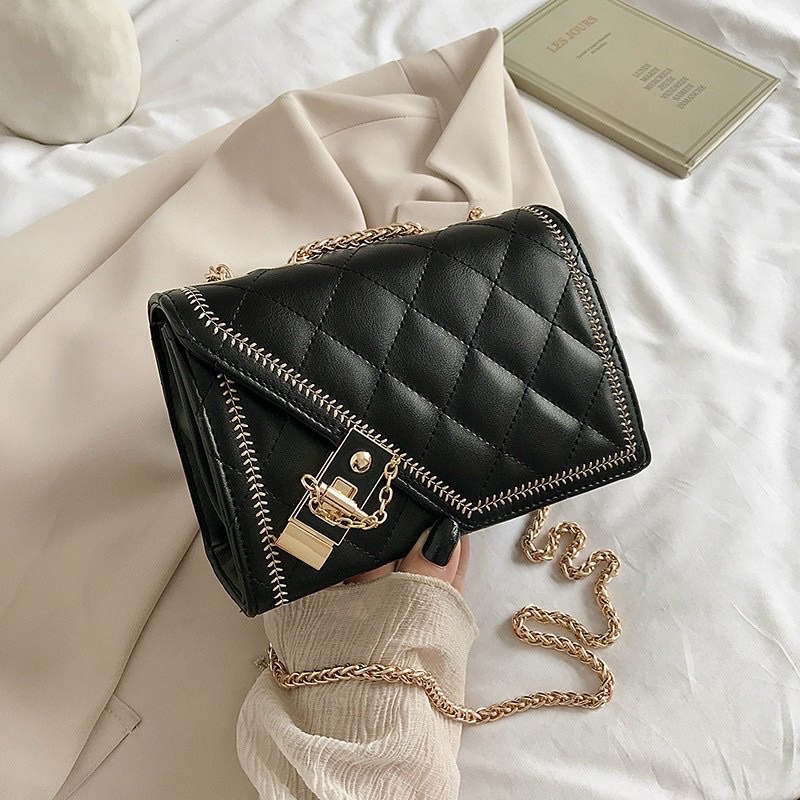 Túi đeo chéo khoá cài trần ô vuông chất da mềm mịn, kiểu dáng vintage hàn quốc