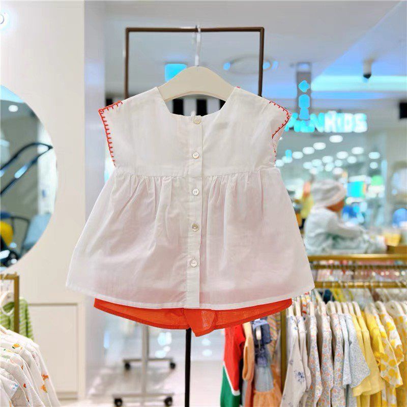 Bộ bé gái áo trắng thêu quần đỏ cam iu