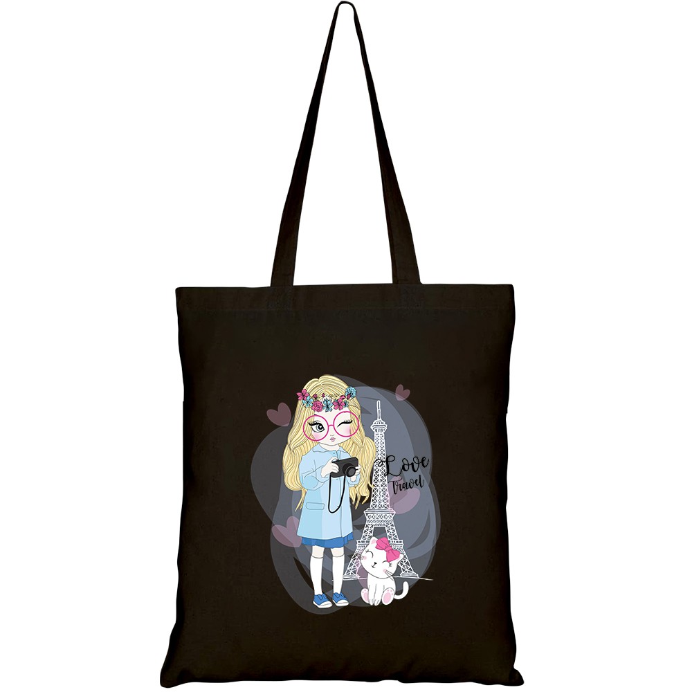 Túi vải tote canvas HTFashion in hình cute girl with cat HT126