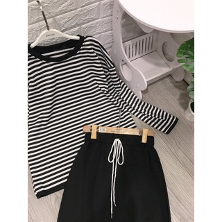 SET CHÂN VÁY LEN TĂM MIX ÁO KẺ BASIC