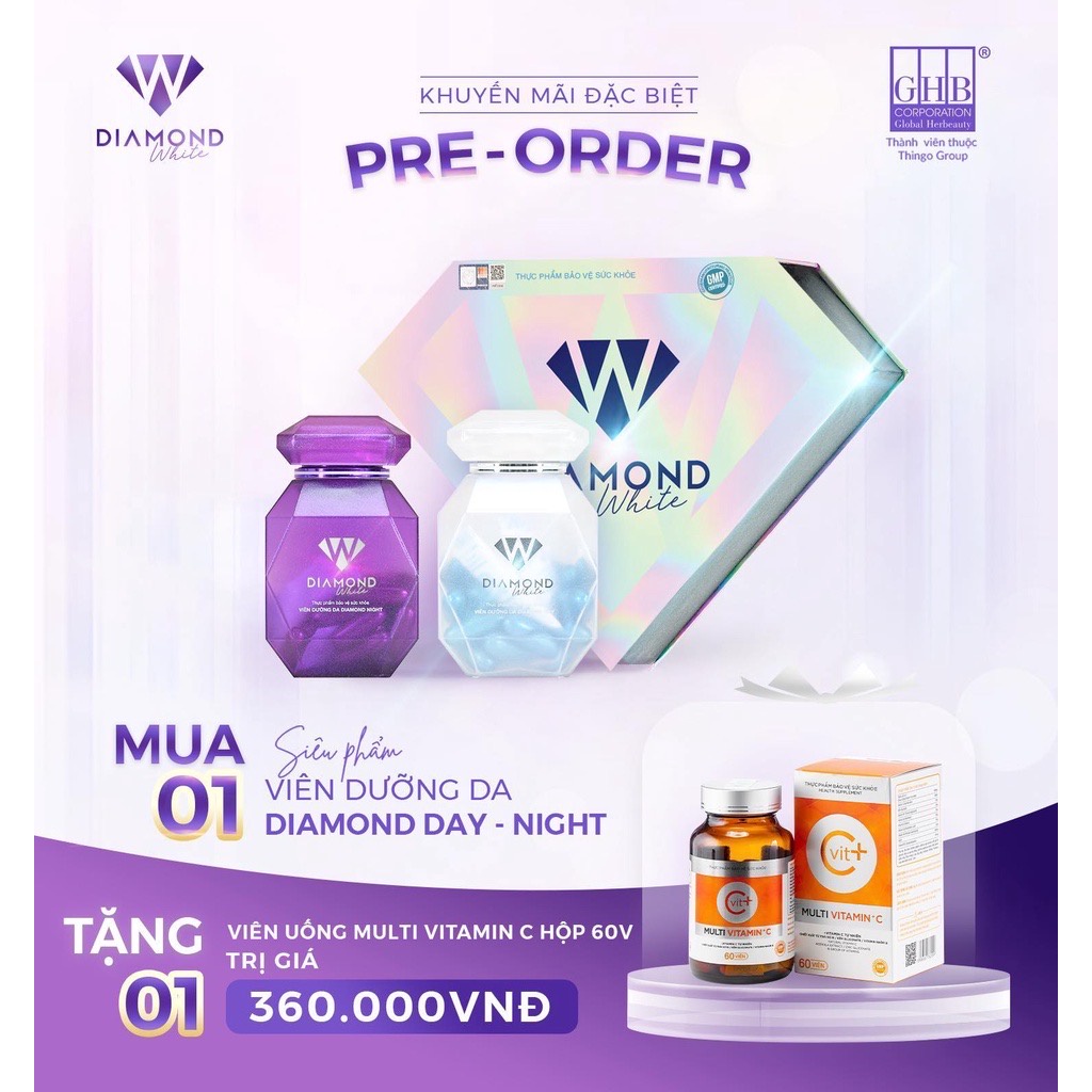 Viên Uống Trắng Sáng Da Diamond White, Siêu Dưỡng Chuyên Sâu, Trắng Gấp 3, Mờ Nám, Tàn Nhang, D