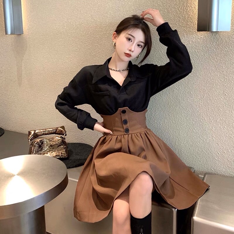 SET ÁO SƠ MI KÈM CHÂN VÁY XOÈ HÀN QUỐC