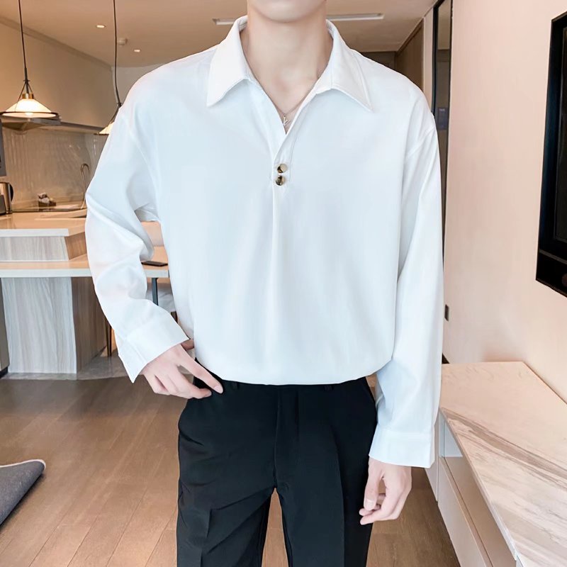 Áo Thun Polo Màu Trắng Đen Tay Dài Phối Nút Phong Cách Hong Kong Trẻ Trung Cho Nam Cỡ M-2XL