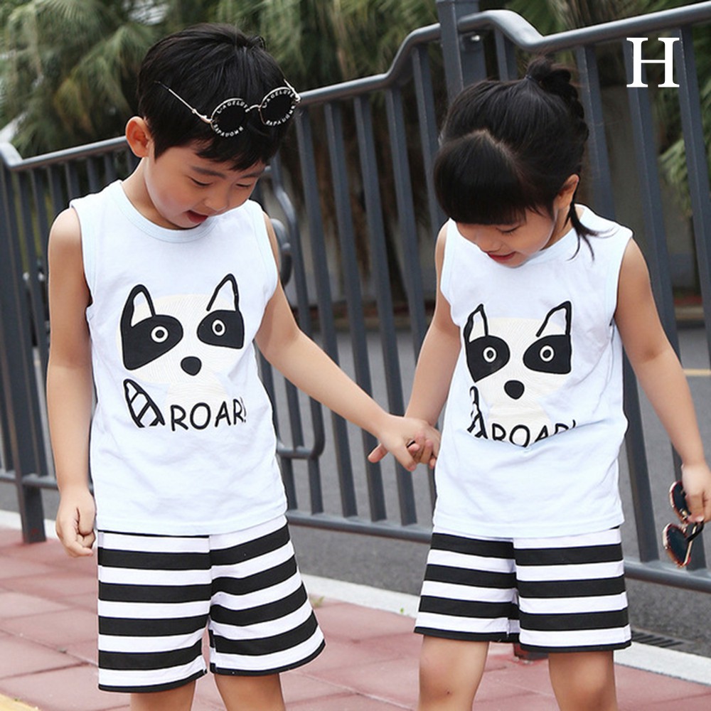 【1-7T】Twins Pajamas Kid's Cartoon Clothing Set Baby Bear Sleeveless Boy Tshirt+Pants Borther Sisters Sleepwear