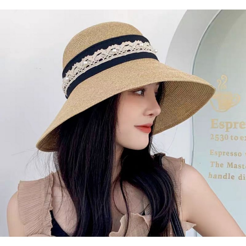 Nón mũ rộng vành đi biển đẹp nữ viền ren hạt châu thời trang Hàn Quốc
