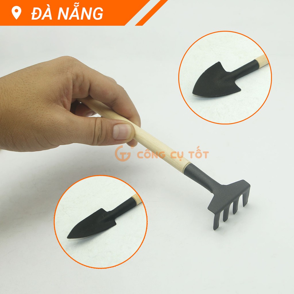 Bộ 3 dụng cụ trồng cây, xẻng làm bườn mini cán gỗ