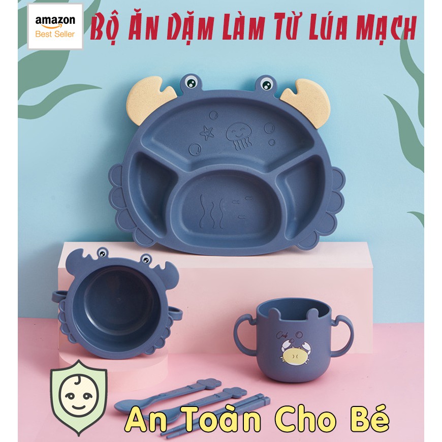 [Amazon Best Seller] Bộ Khay ăn dặm lúa mạch, An Toàn Cho Bé, Bộ 6 chi tiết khay, bát, cốc, thìa, nĩa, đũa hình con Cua