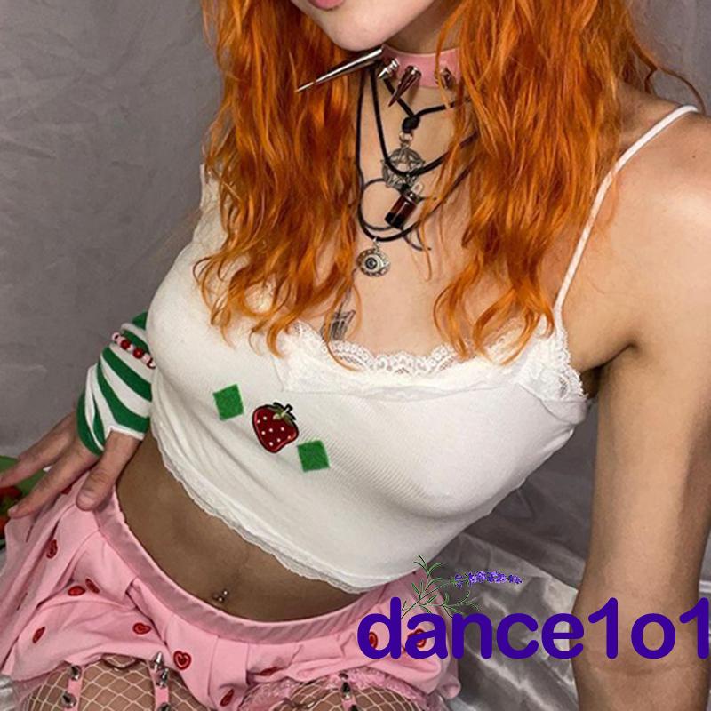 Áo hai dây cổ chữ V họa tiết dâu tây phối ren thời trang cho nữ