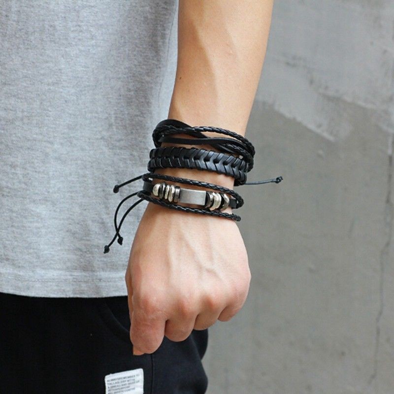 DIY Fashion Cool Men Wax Rope Alloy Black Knitted Bracelets
