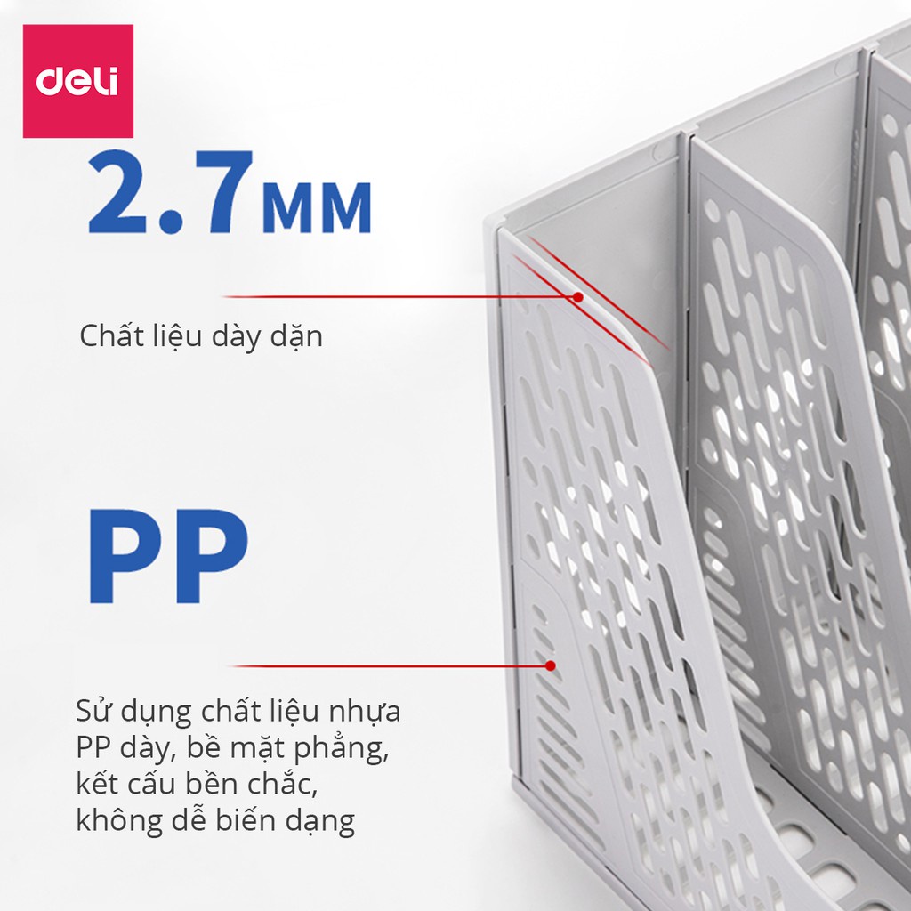 Giá tài liệu 3 ngăn kèm hộp bút Deli - File đựng tài liệu 3 ngăn/ 4 ngăn, màu Ghi xám - 1 chiếc E9845/ E9846