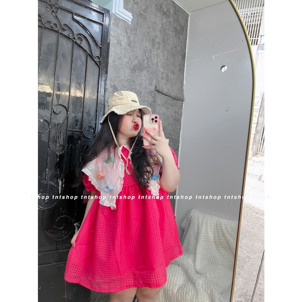 ĐẦM BABYDOLL CARO CỔ BÈO ĐÍNH NƠ