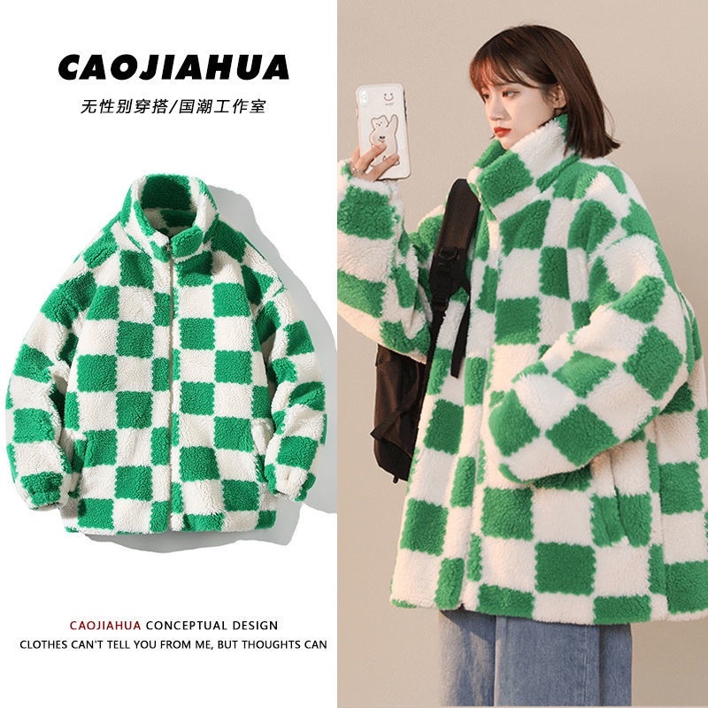 Áo khoác lông cừu hoạ tiết caro dáng oversize unisex hàng taobao