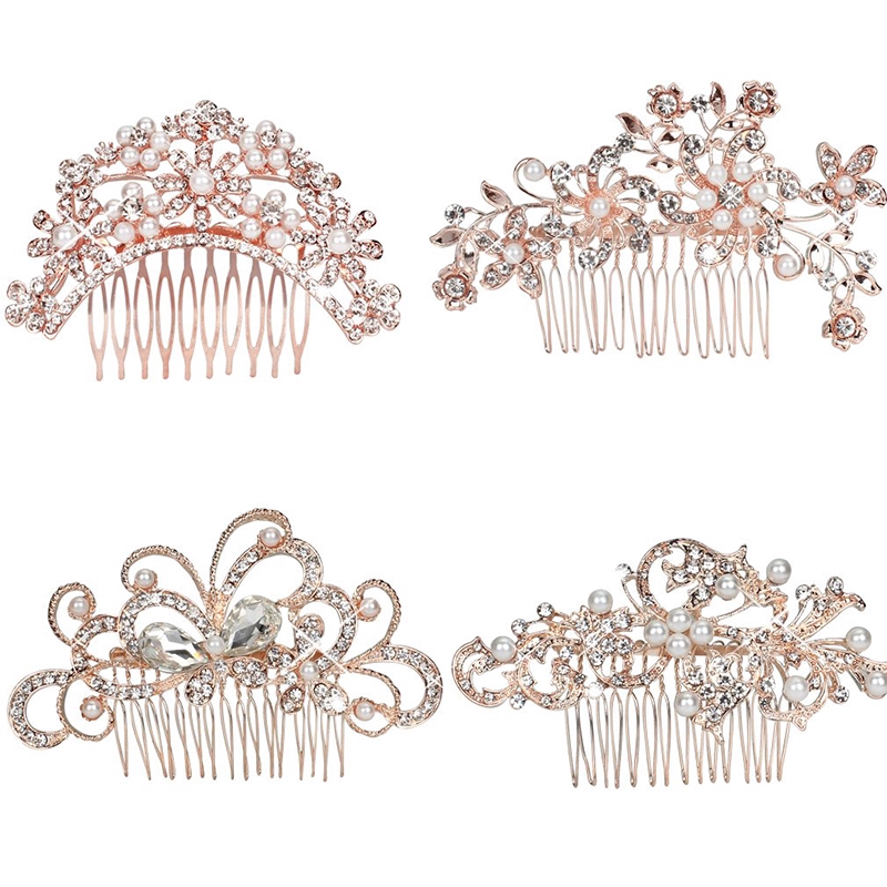 Cài tóc màu vàng hồng đính đá pha lê phù hợp cho cô dâu