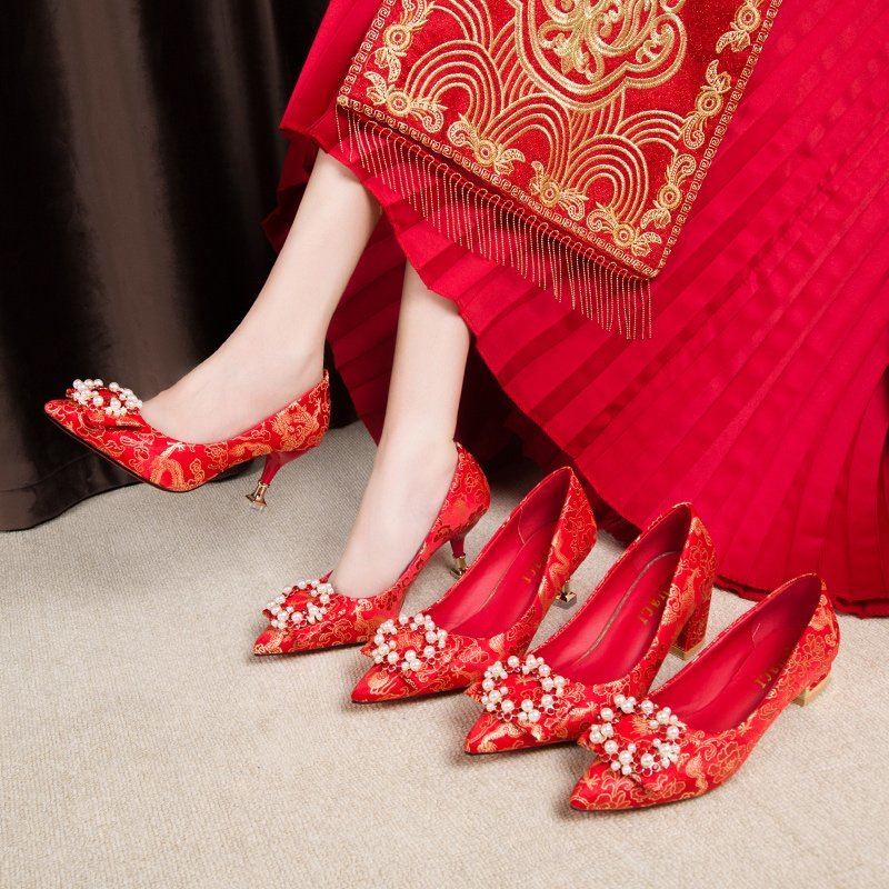 Giày Cưới Cao Gót Nữ Màu Đỏ Thêu Kiểu Trung Quốc Cho Cô Dâu