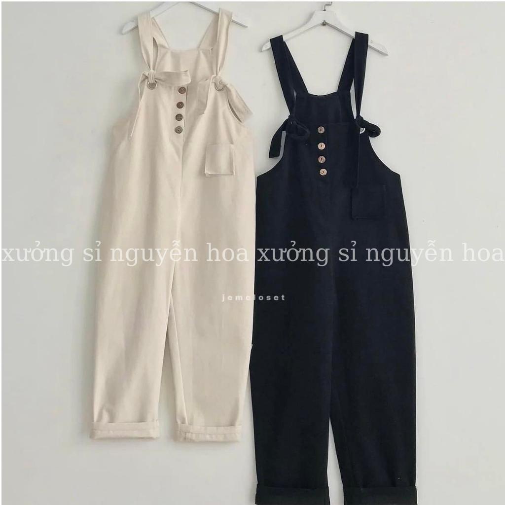 Quần yếm buộc dây 4 cúc hot trend ulzzang kiểu dáng hàn quốc freesize form rộng 2 màu be đen xưởng sỉ nguyễn hoa