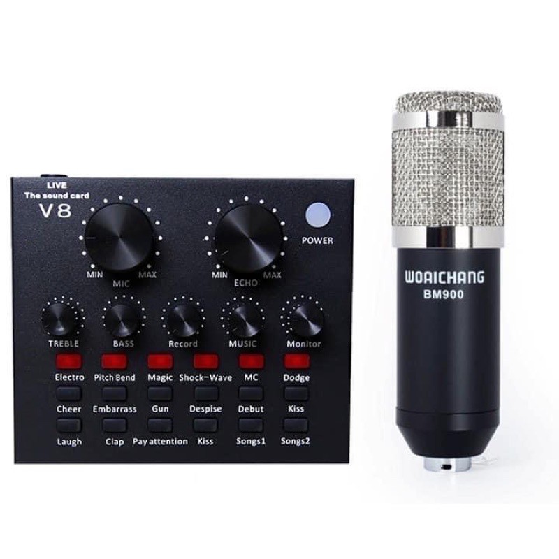 Combo thu âm livestream Suondcard V8 và mic bm 900 woaichang tặng kèm tai nghe xịn