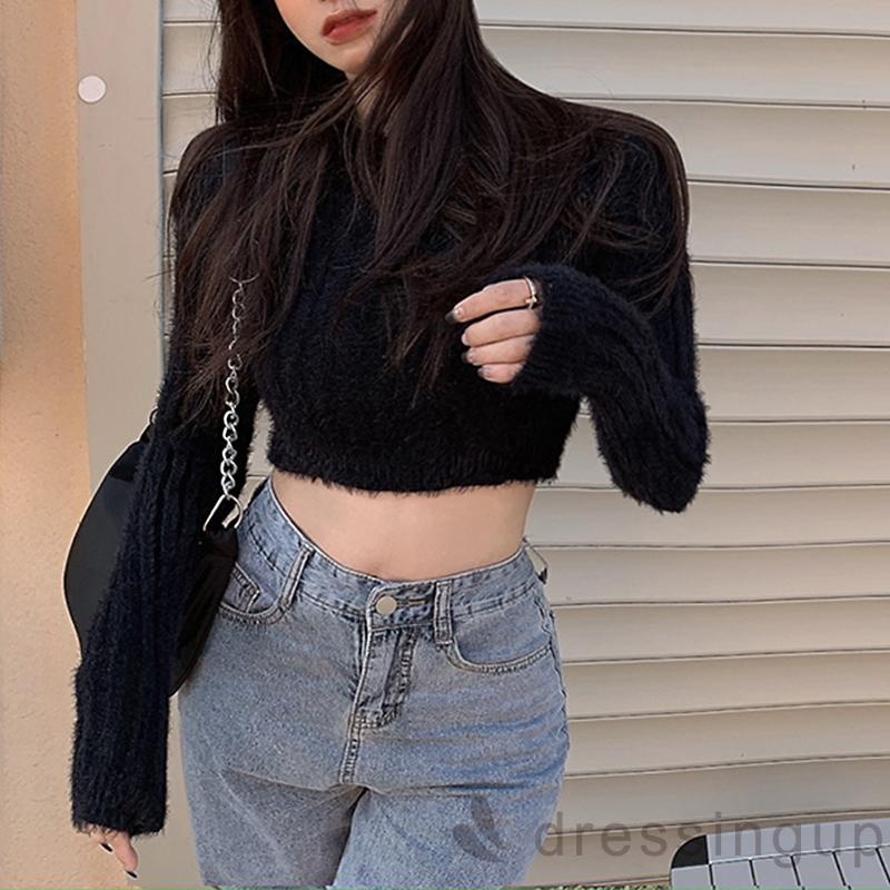 Áo croptop dệt kim cổ tròn tay dài màu trơn thời trang mùa xuân cho nữ