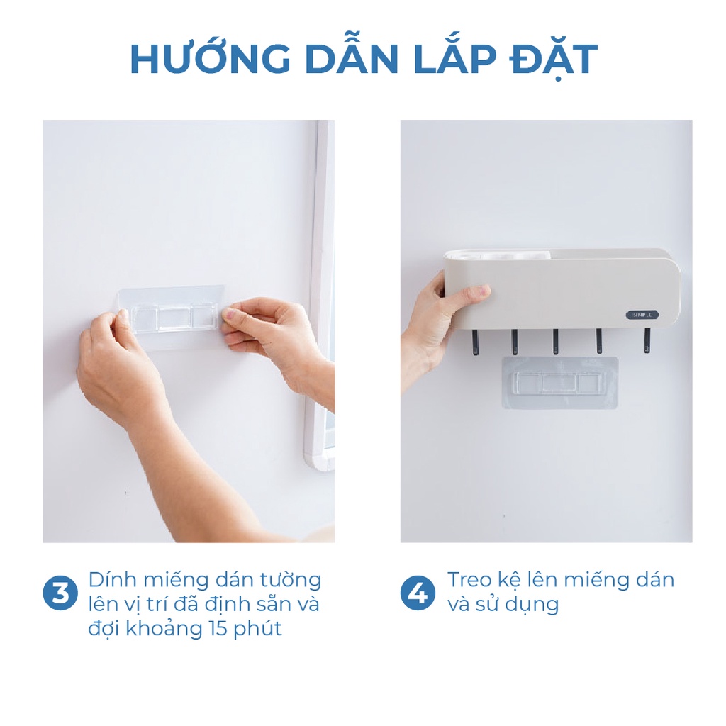 Kệ để bàn chải đánh răng dán tường sẵn 2 cốc đánh răng và móc treo đồ chất liệu nhựa ABS an toàn, cao cấp