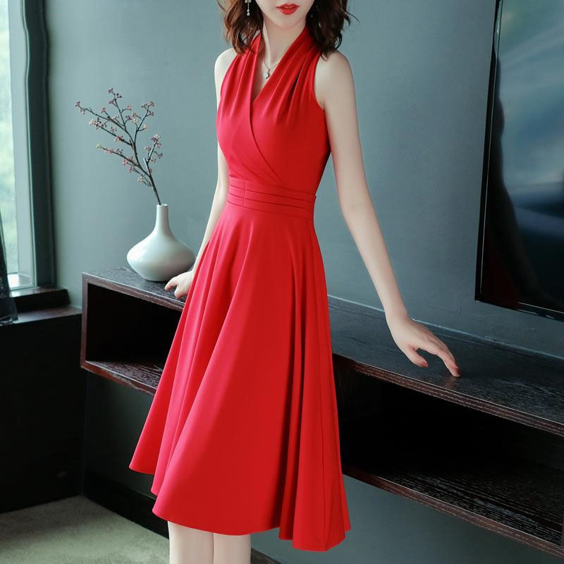 Sexy Red V-neck Slim Dress Fashion 2021 Women