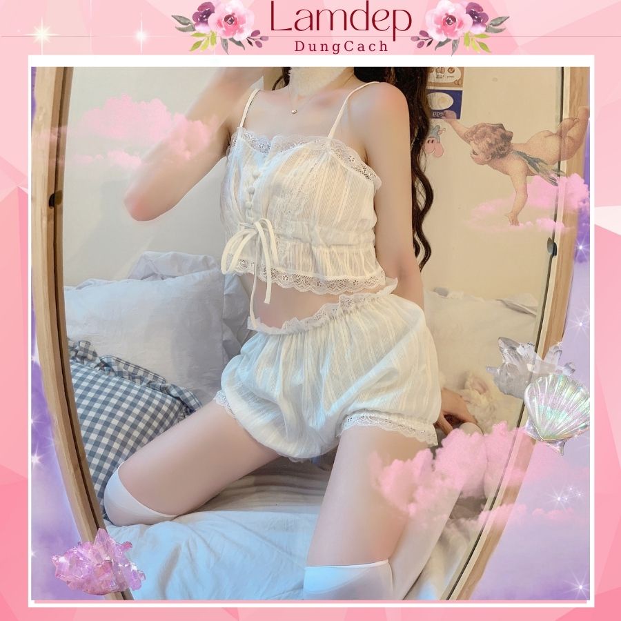 Đồ ngủ sexy nữ 2 dây Bộ ngủ hai dây Set ngủ vải đũi mỏng màu trắng gợi cảm bộ thô đũi