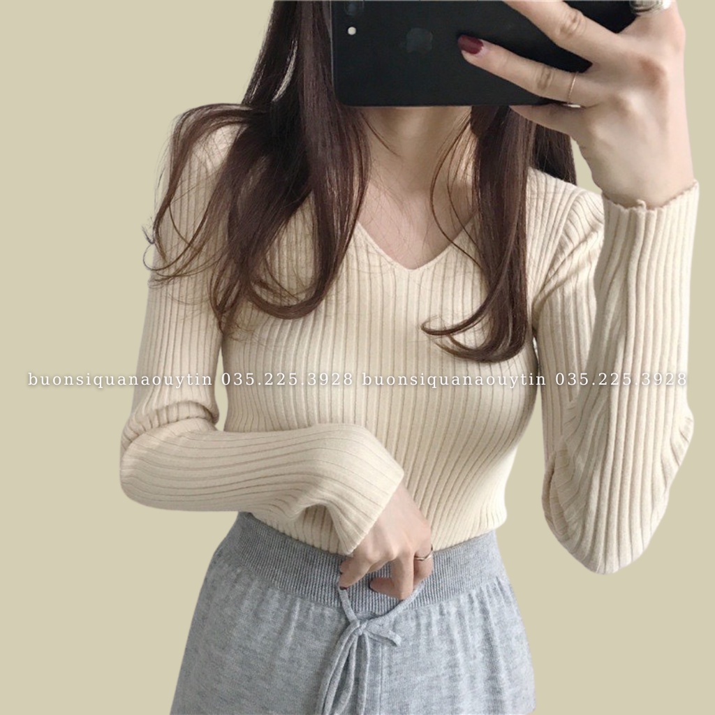 Áo len nữ gân tăm cổ tim tay dài dáng ôm 3430